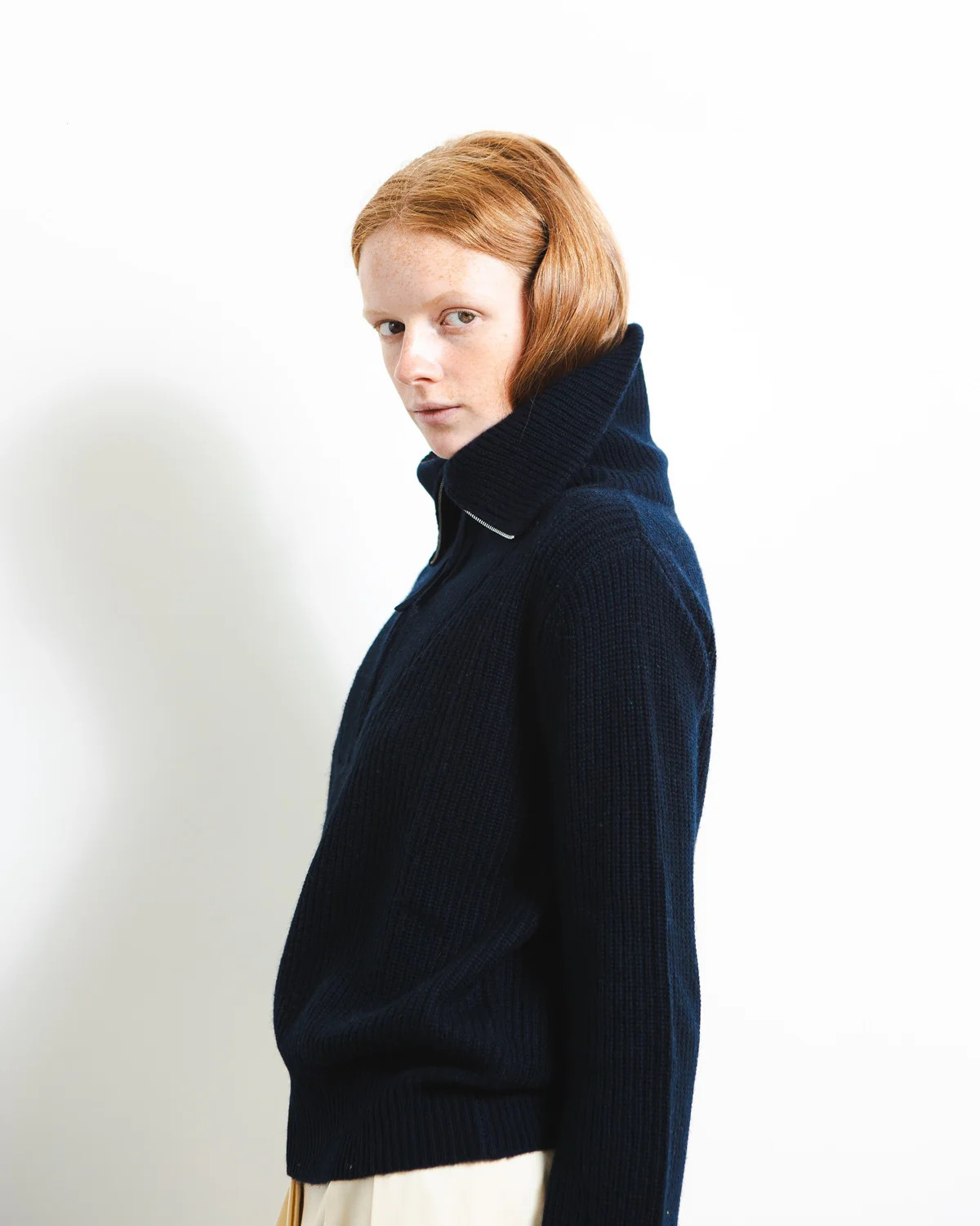Ribbed Half Zip Pullover_Dark Navy | Pure Cashmere