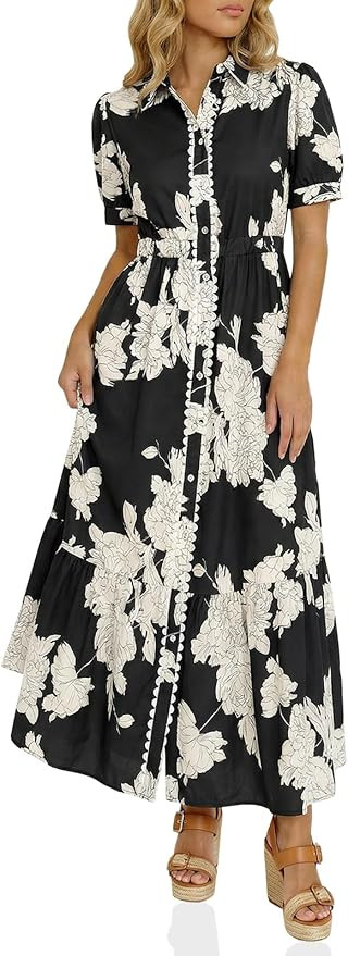 Wenrine Womens Casual Shirt Dress Floral Collared Short Sleeve Button Down Drawstring Waist Loose... | Amazon (US)