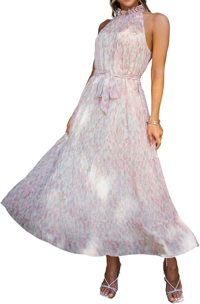 Miessial Women's Summer Sleeveless Halter Neck Sun Maxi Dress Casual Loose Ruffle Flowy Long Dres... | Amazon (US)