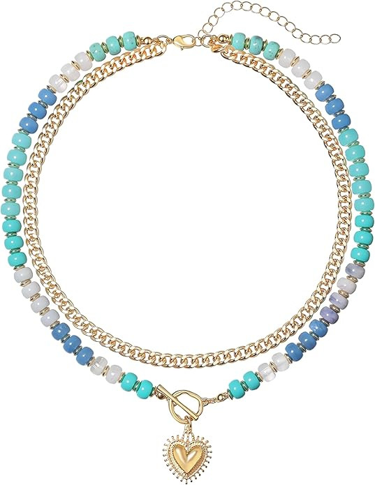 Layered Necklaces for Women, 14K Gold Plated Heart Pendant & Colorful Acrylic Beaded Choker, Cute... | Amazon (US)