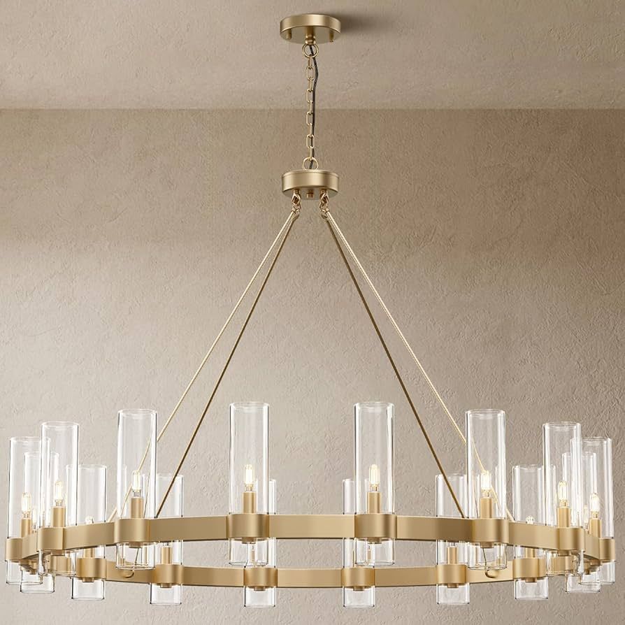 YIOSI 16-Lights Gold Chandelier,Wagon Wheel Chandelier with Glass Shade,48 Inch Large Round Indus... | Amazon (US)