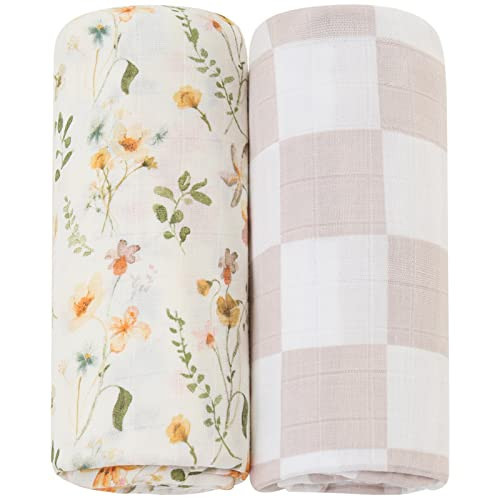 LifeTree Muslin Swaddle Blankets for Baby Girl, 2-Pack 70% Viscose from Bamboo and 30% Cotton Large Swaddle Blankets (47" x 47"), Floral & Dusty Pink Checkered | Amazon (US)