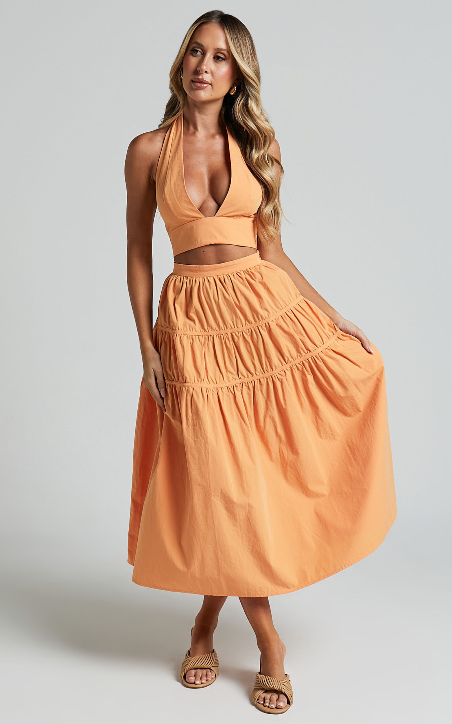 Andrielly Two Piece Set - Halter Neck Top and Gathered Midi Skirt Set in Sherbet Orange | Showpo (ANZ)