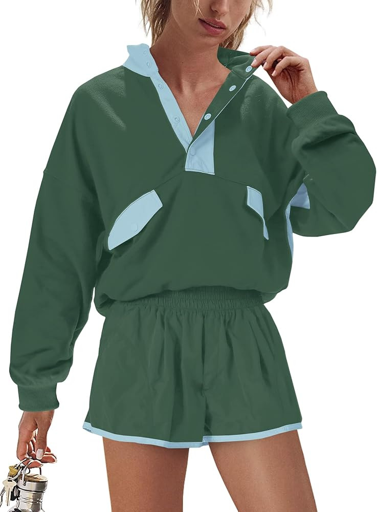 LAMISSCHE Work out Sets Gym for Women Sweatsuits 2 Piece Set Long Sleeve Top & Shorts Active Wear... | Amazon (US)