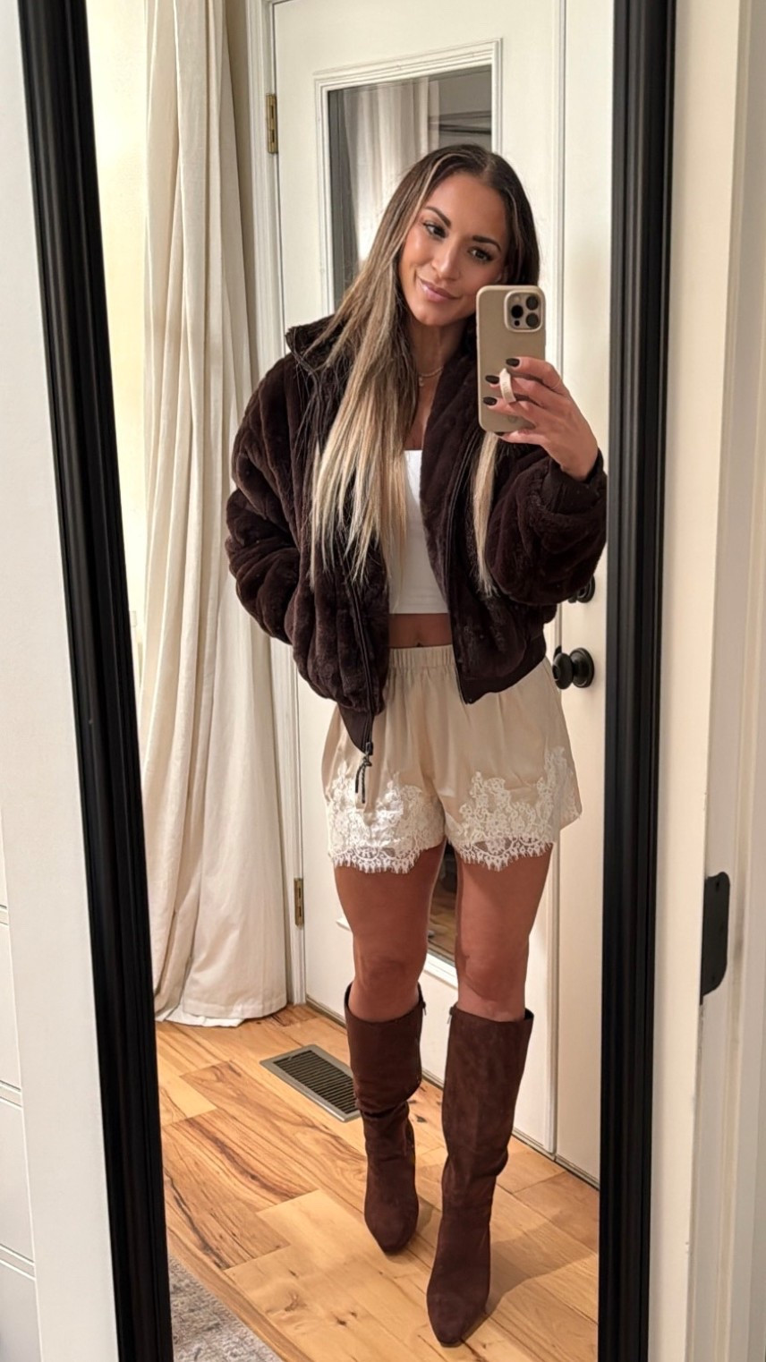 Suede knee high boots. Brown boots. Brown knee high boots. Lace shorts. Silk shorts. Cropped cami. Fur jacket. Brown fur jacket. Cross necklace. Gold hoop earrings. Fall style. Date night outfit.

Boots tts
Small in shorts and cami
XS in jacket

#LTKOver40 #LTKStyleTip #LTKFindsUnder100