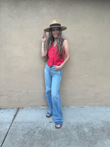 Red vest runs large - size down two sizes

Jeans are true to size / wearing sz 27

Flat sandals are true to size 
Use code JUSTGLOW for 10% off



#LTKsalealert #LTKfindsunder50 #LTKtravel