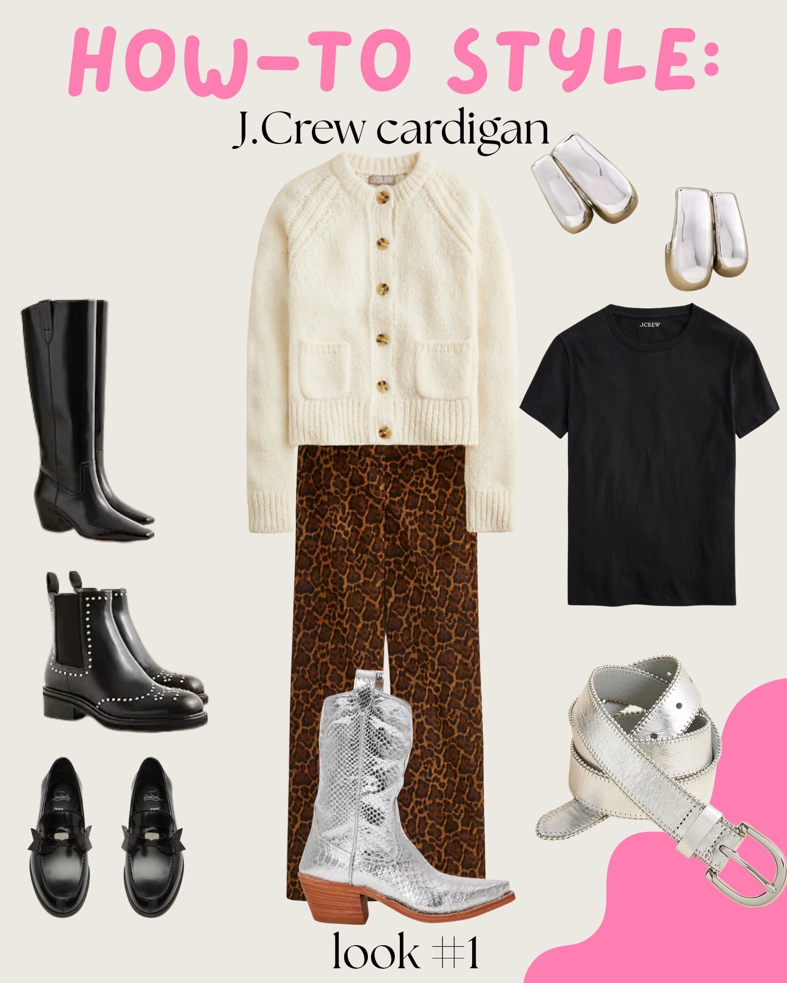 How-to guide for styling the popular J.Crew Cardigan 🤍 — Look #1

Silver accents + printed trousers = an elevated everyday look ✨

This combo feels fun, modern, and perfect for errands, dinner, or a casual holiday gathering.

Style formula:
• Cozy cardigan
• Black tee
• Statement boot
• Printed trouser
• Metallic accessories

#LTKStyleTip #LTKShoeCrush #LTKSaleAlert