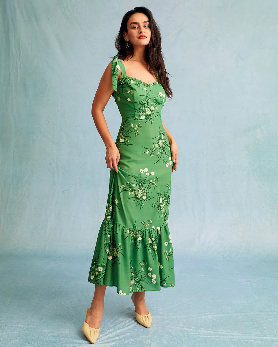 The Green Floral Tie Shoulder Ruffle Maxi Dress | rihoas.com
