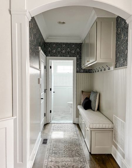 Our mudroom is painted BM Revere Pewter and the wallpaper is peel-and-stick! 