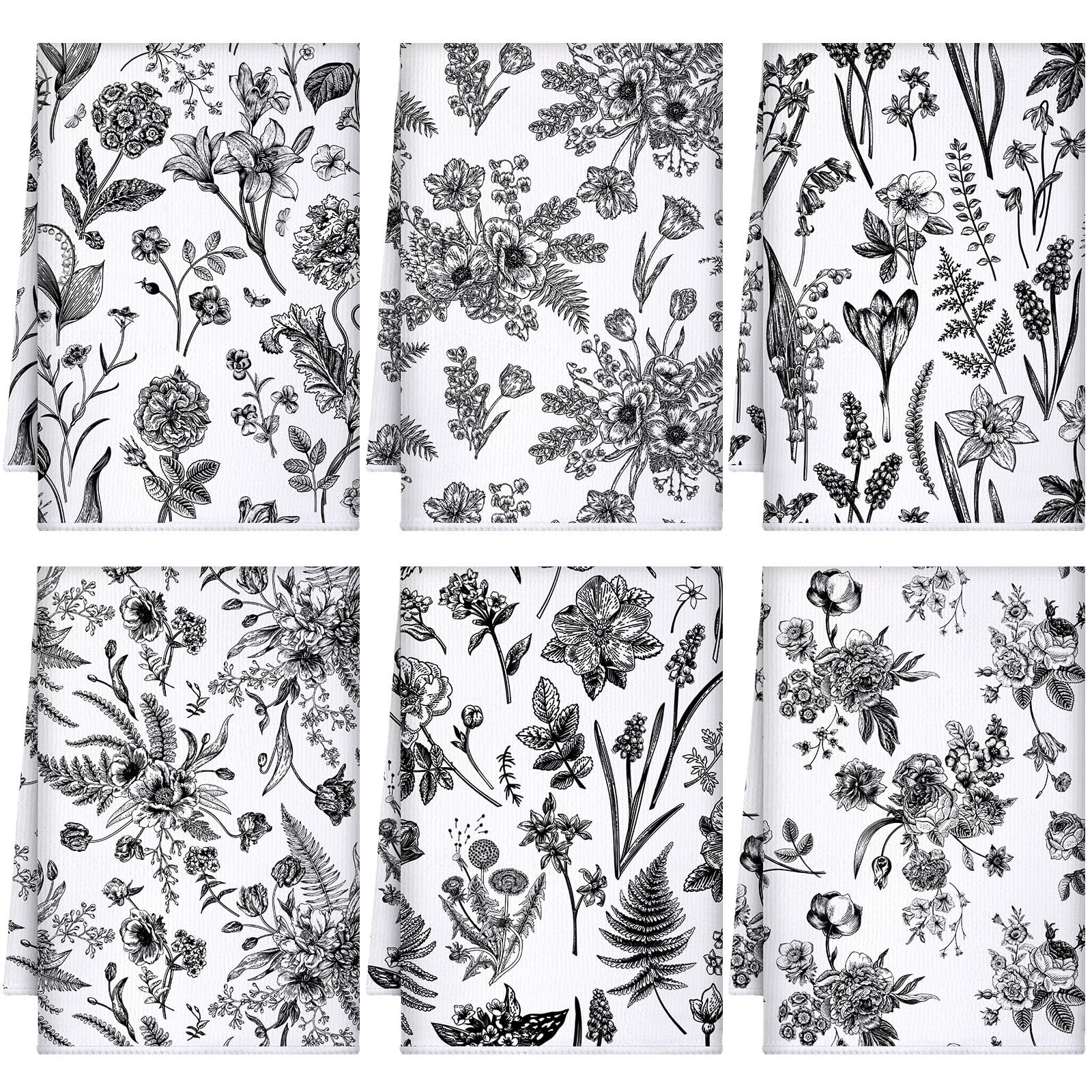 Boyiee Set of 6 Black and White Kitchen Towels Vintage Floral Plants Dish Towels Rustic Absorbent... | Amazon (US)