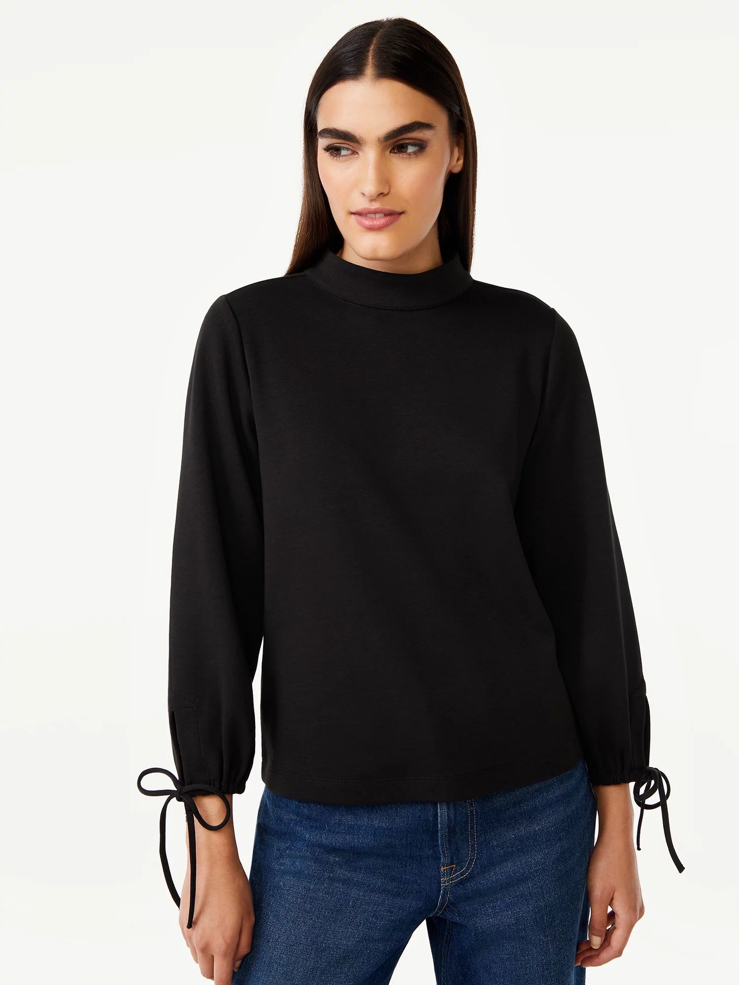 Free Assembly Women's Tie Sleeve Mock Neck Top with Back Buttons - Walmart.com | Walmart (US)