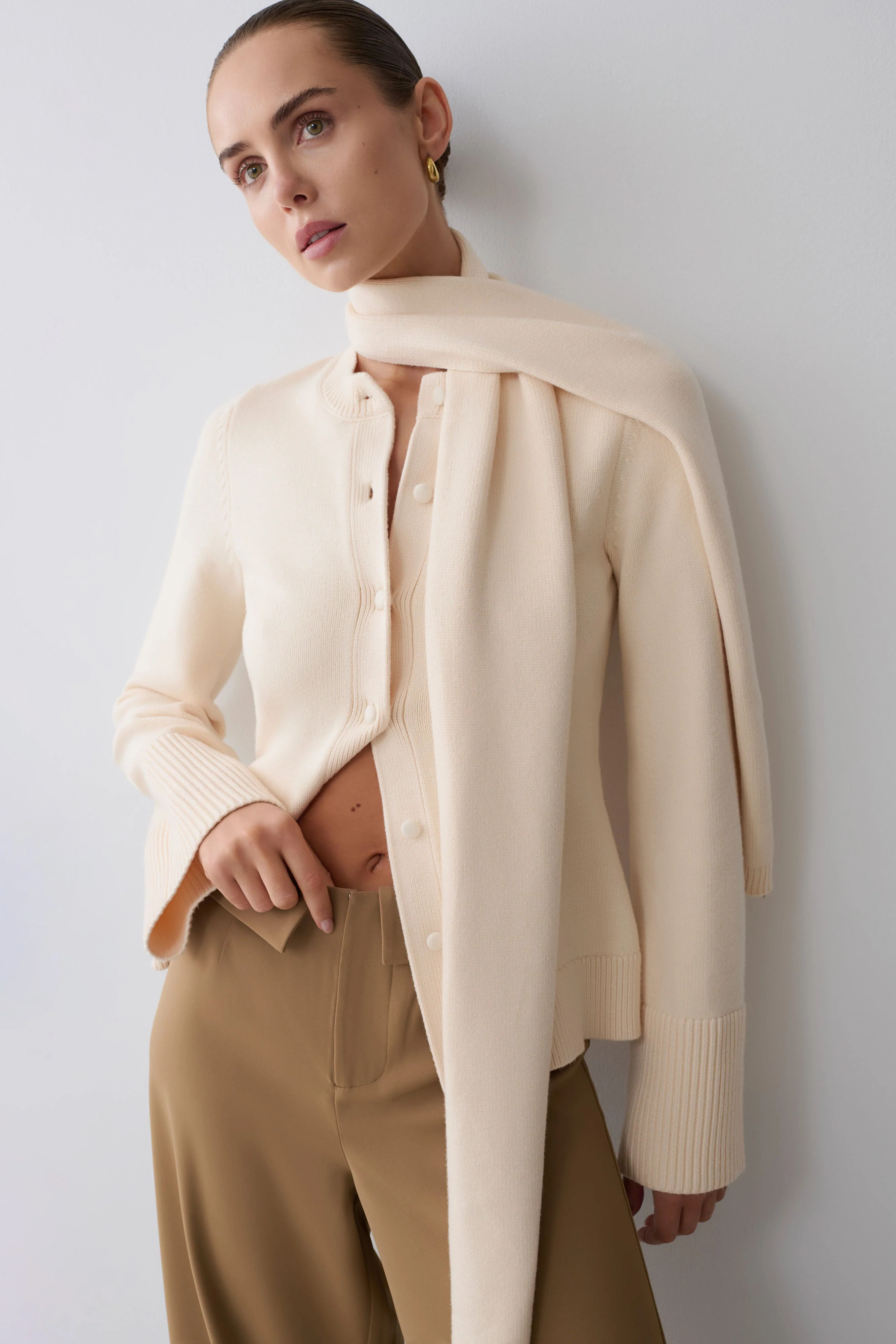 Knit Cardigan With Scarf - Ivory | MESHKI US