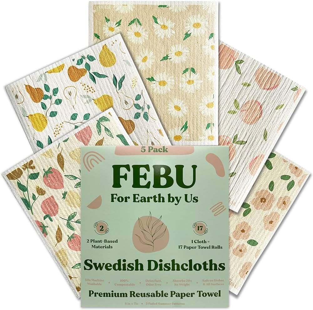 FEBU Swedish Dishcloths for Kitchen | 5 Pack Faded Summer Dish Towels | Reusable Paper Towels Was... | Amazon (US)
