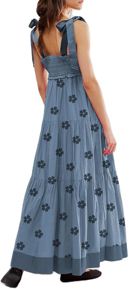 Women Tie Shoulder Dress Smocked Maxi Dress Floral Summer Dresses Y2K Flowy Boho Dress Long Sundr... | Amazon (US)