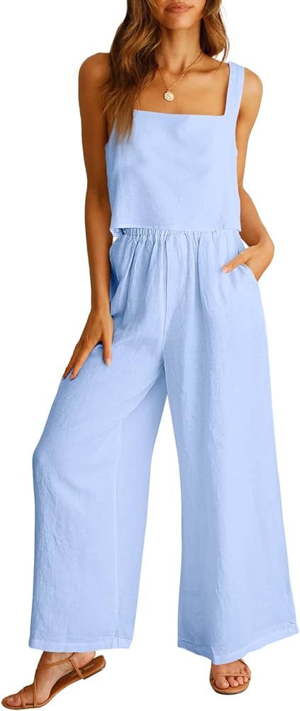 ANRABESS Women's 2 Piece Outfits Square Neck Linen Tank Crop Top Wide Leg Pants Matching Lounge S... | Amazon (US)