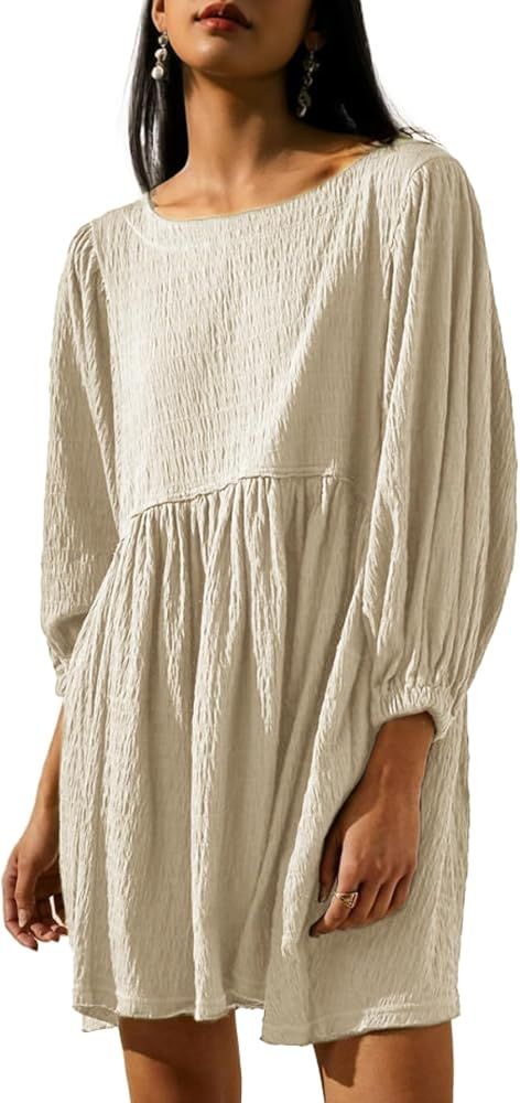 Simplee Apparel Womens Flowy Summer Tunic Dress Puff Sleeve Casual Babydoll Mini Dresses with Poc... | Amazon (US)