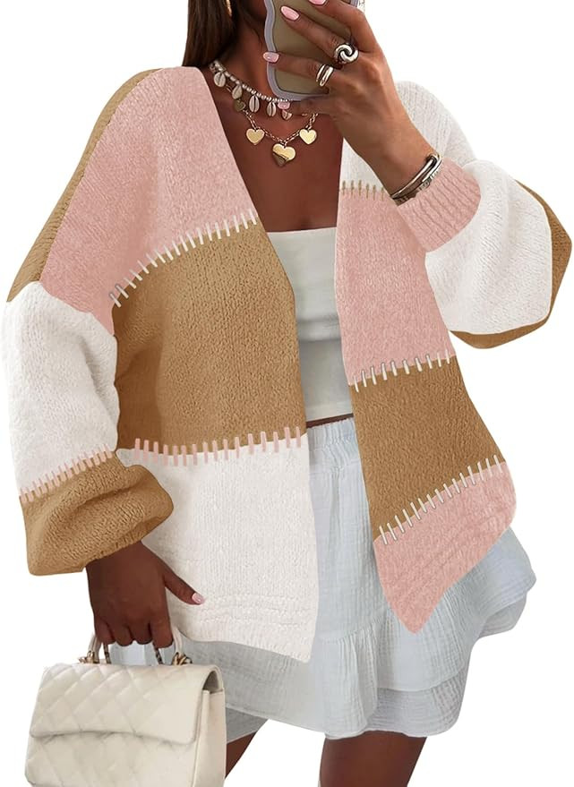 Yousify Womens Cardigan Sweater Color Block Open Front Long Puff Sleeve Casual Chunky Knit Cardig... | Amazon (US)
