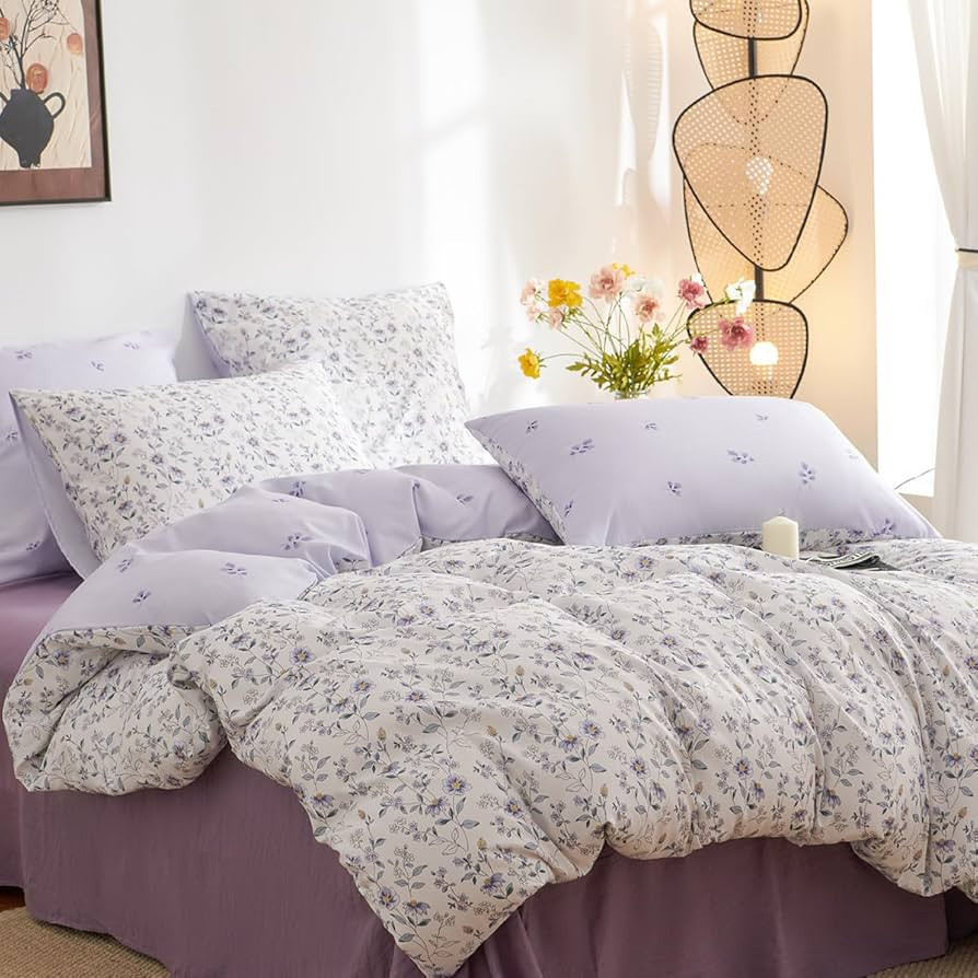 Floral Twin Size Duvet Cover - Purple Floral Pattern, Breathable Anti-Allergic Comforter Cover So... | Amazon (US)