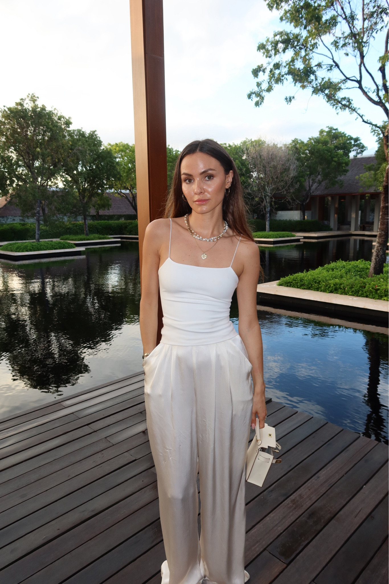 Klayd, Ghost, Hermes, Toteme, Monica vinader, Skims, summer outfit, holiday outfit, white tank top, satin trousers, wide leg trousers, brown sandals, Hermes kelly, white outfit, summer outfits, holiday outfits

#LTKstyletip #LTKeurope #LTKsummer