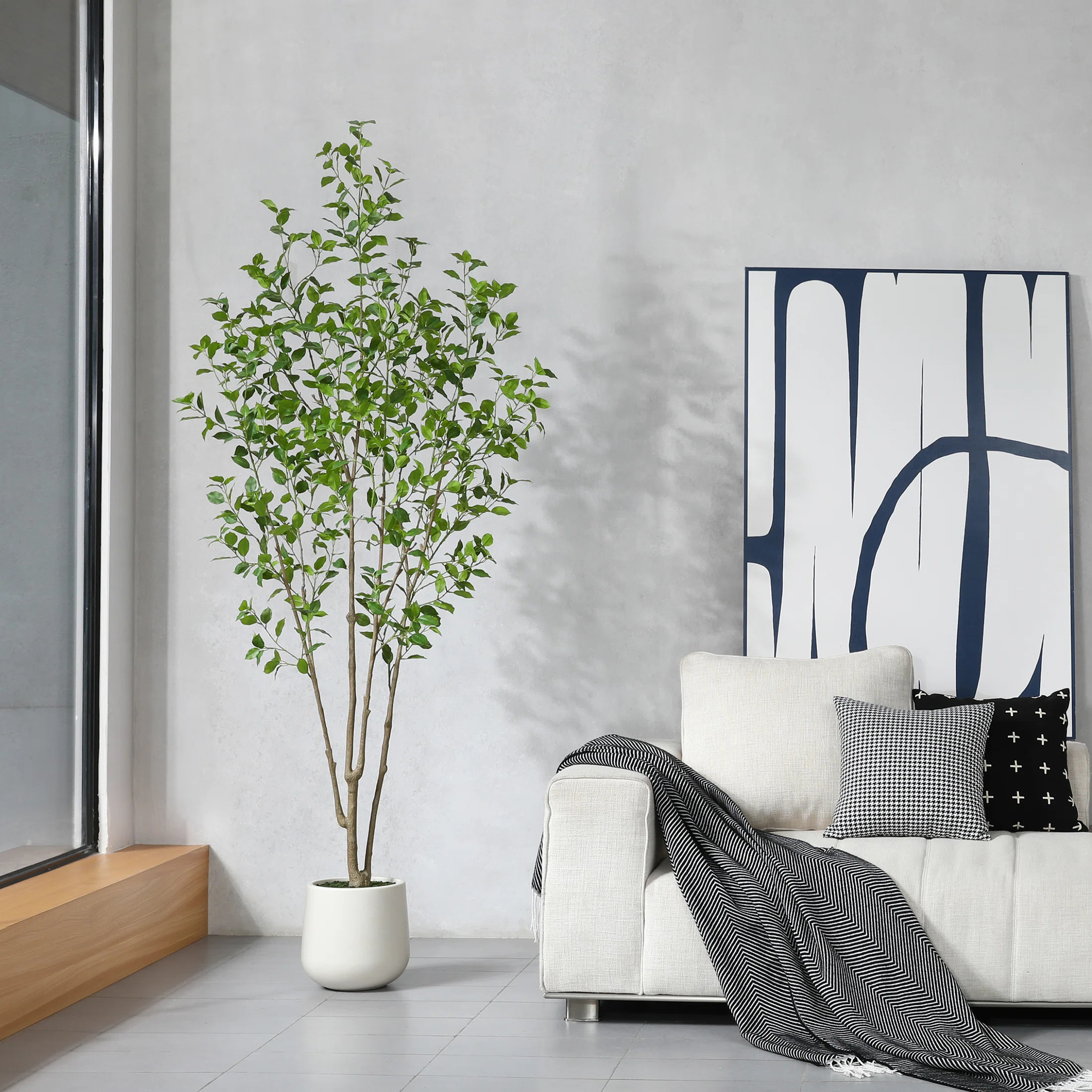 Primrue Adcock Faux Ficus Tree with Round White Planter, Pre Potted Faux Greenry Ficus Plant for ... | Wayfair North America