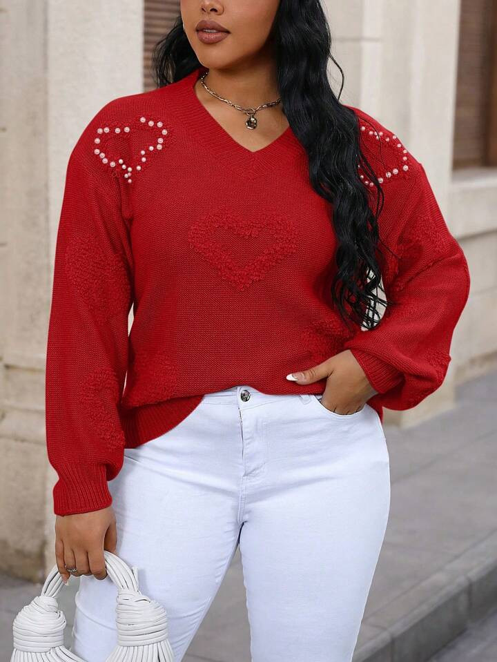 SHEIN Essnce Plus Size Knitted Sweater With Stud & Heart Pattern4.86(85) | SHEIN