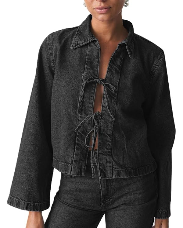 Women Fashion Cropped Denim Jacket Tie Front Lapel Neck Long Sleeve Jean Coat Lightweight Shacket... | Amazon (US)