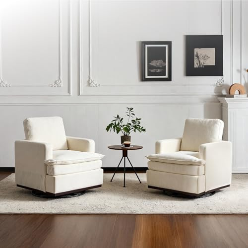 VINGLI 360°Swivel Mid-Century Modern Accent Armchairs Set of 2 with Double-Layer Seat Cushions, Comfy Single Square Sofa, Upholstered Club Chairs for Living Room,Bedroom, Reading Room, Chenille Beige | Amazon (US)