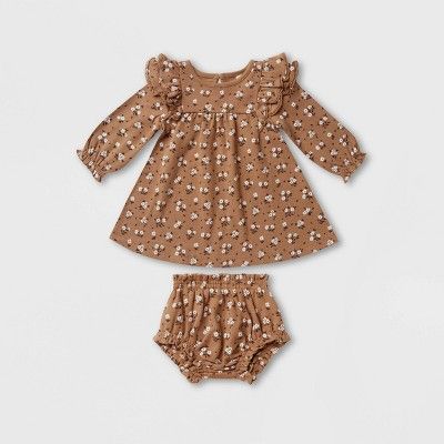 Q by Quincy Mae Baby Girls' 2pc Floral Brushed Jersey Long Sleeve Dress with Bloomer - Light Beig... | Target