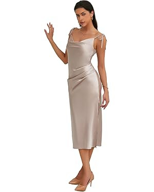 Women's Spaghetti Strap Midi Satin Slik Dress Cowl Neck Elegant Long Slip Ruched Evening Dress Pa... | Amazon (US)