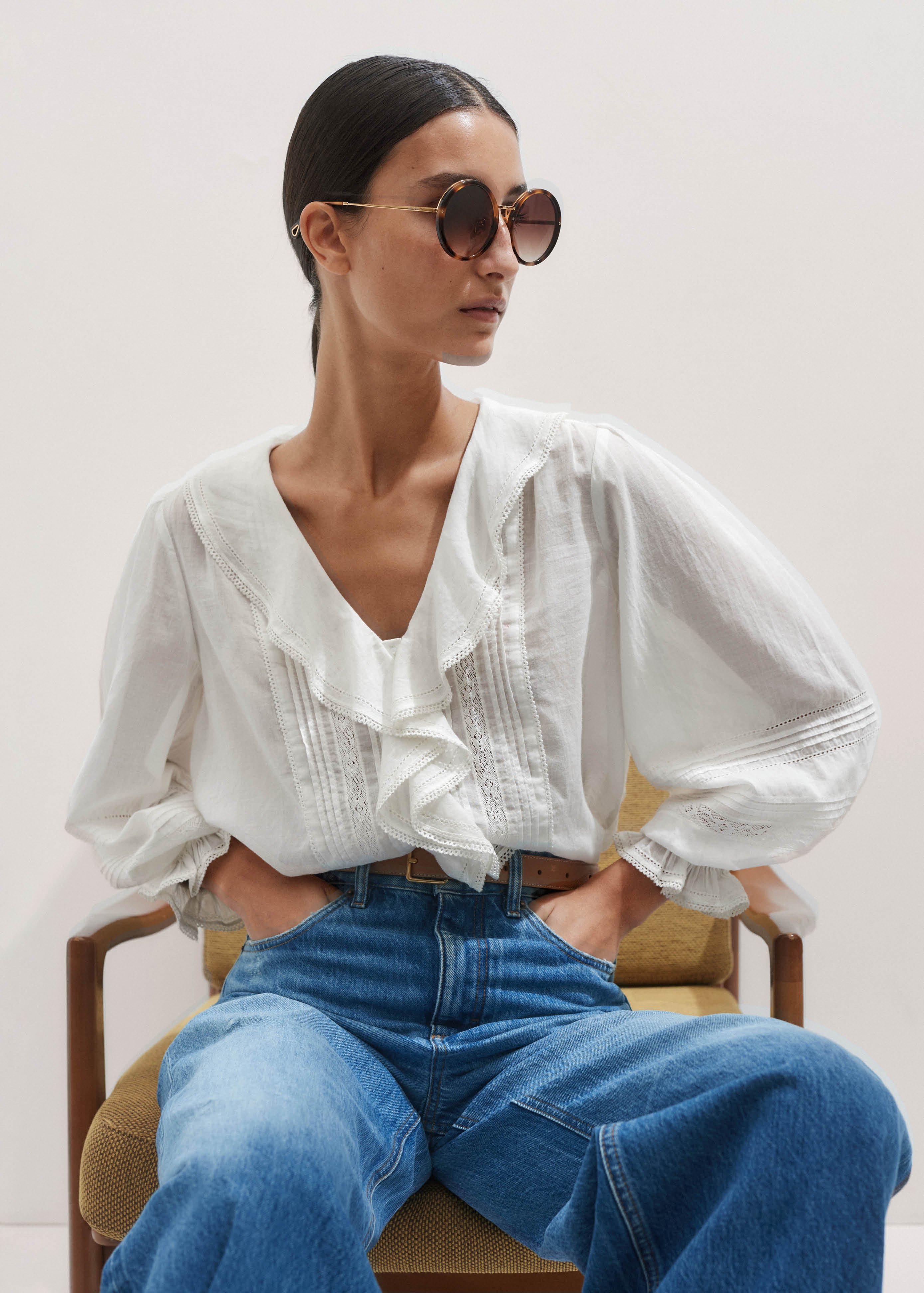 Women's White Cotton Voile Ruffle Blouse | ME+EM | ME+EM US