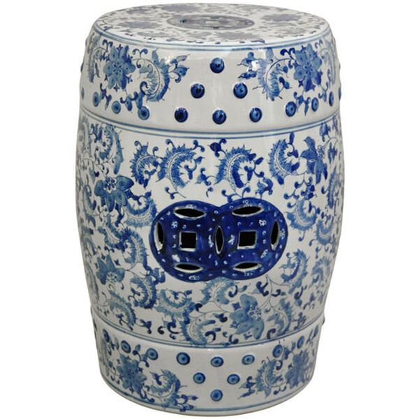 18 Inch Lacquered Porcelain Garden Stool Blue and White Floral, Width - 13 Inches | Bellacor
