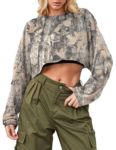 Ziesexy Camo Sweatshirt Long Sleeve Crop Top Oversized Loose Fit Camo Shirt Women Cropped Sweatshirt | Amazon (US)