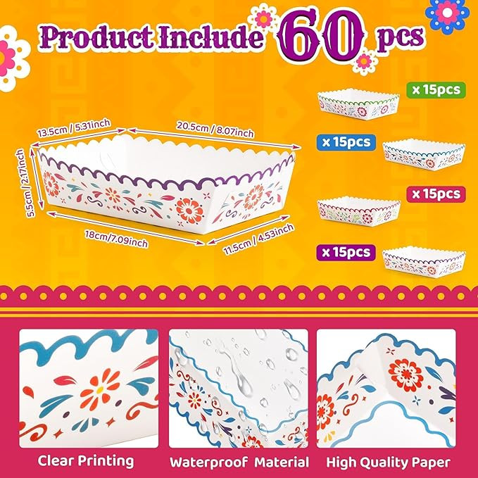 Mexican Taco Nights Food Trays - 60 Hispanic Heritage Month Mexican Flowers Wavy Edge Unassembled... | Amazon (US)