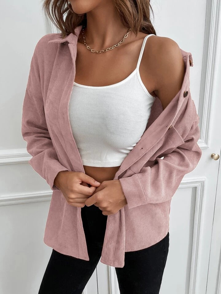 SHEIN LUNE 1pc Solid Button Up Corduroy Shirt | SHEIN