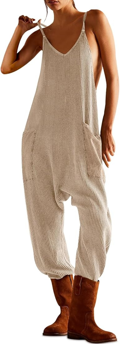morhuduck Women's Sleeveless Jumpsuits Casual Waffle Knit Rompers V Neck Loose Overalls Spaghetti... | Amazon (US)