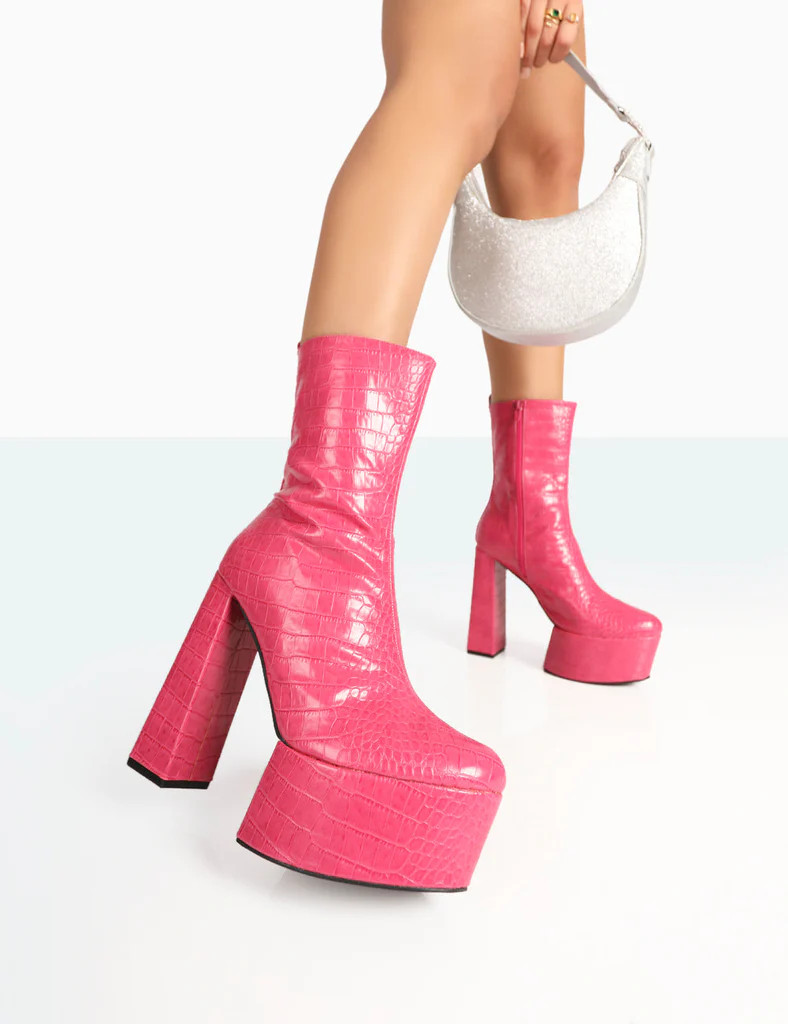 Parker Pink Patent Croc Platform Rounded Pointed Toe Block Heeled Ankle Boots | Public Desire (US & CA)