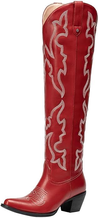 Gradinery Womens White Cowgirl Boots Fashion Over the Knee Boots With Classic Embroidery Chunky H... | Amazon (US)