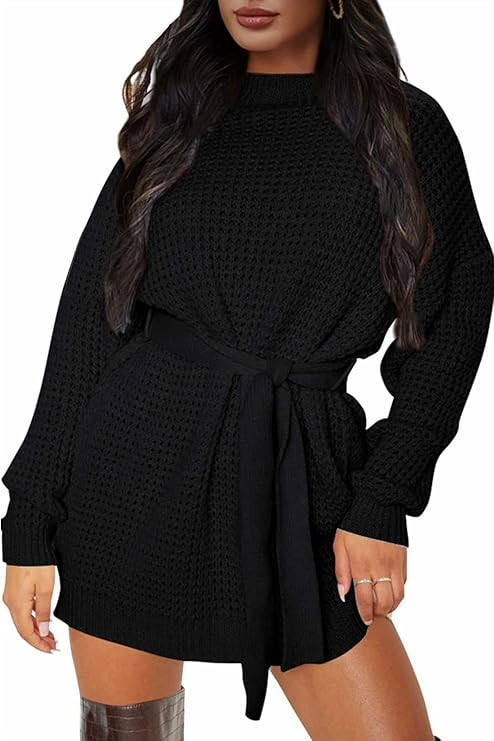 ZESICA Women's Long Sleeve Solid Color Waffle Knitted Tie Waist Tunic Pullover Sweater Dress | Amazon (US)