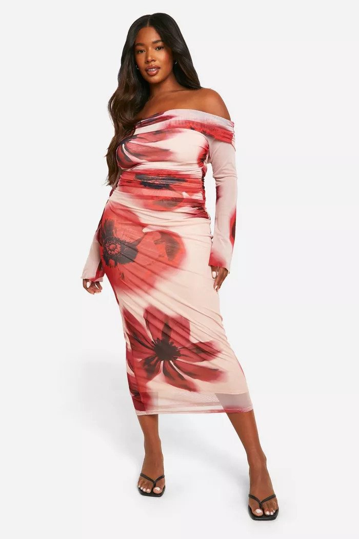 Plus Bardot Floral Mesh Ruched Midaxi Dress | boohoo (US & Canada)
