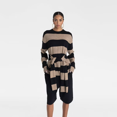 KBB by KAHLANA Women's 'The Wrap Sweater'- Tan/Black Striped XL | Target