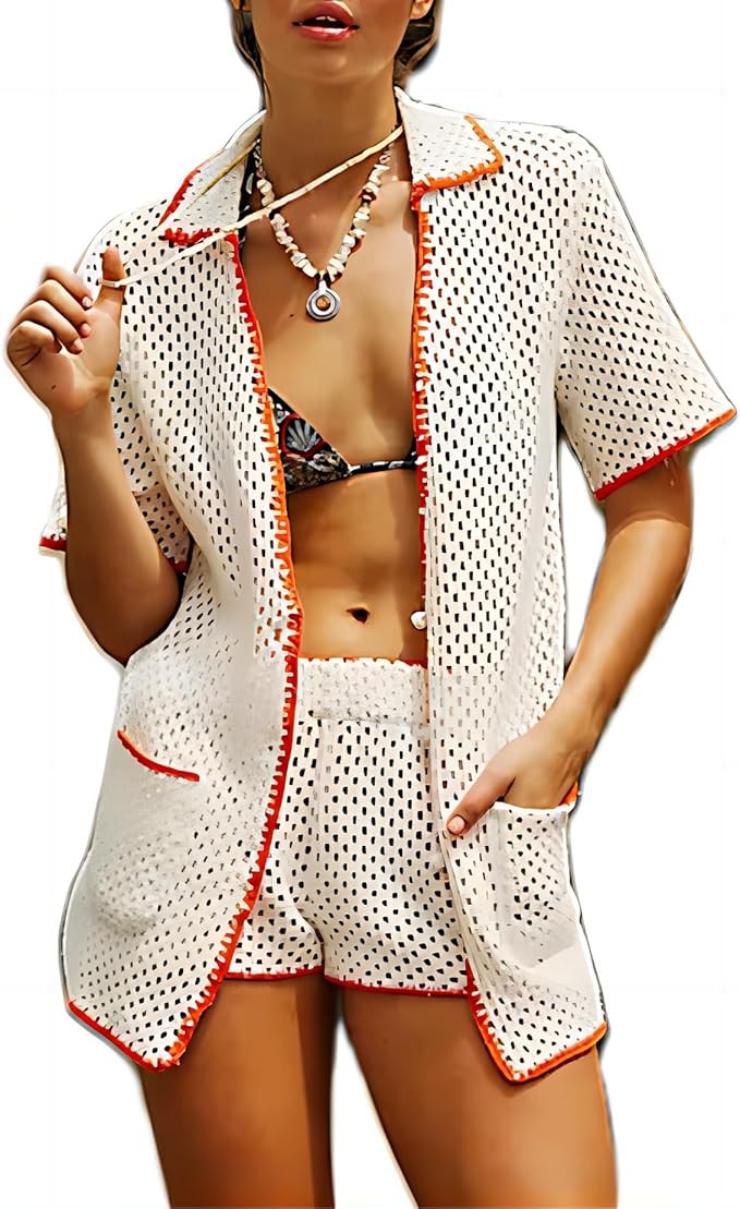 ROAONOCOMO Women 2 Piece Crochet Knit Outfit Short Sleeve Button Shirt Hollow Out Wide Leg Shorts... | Amazon (US)