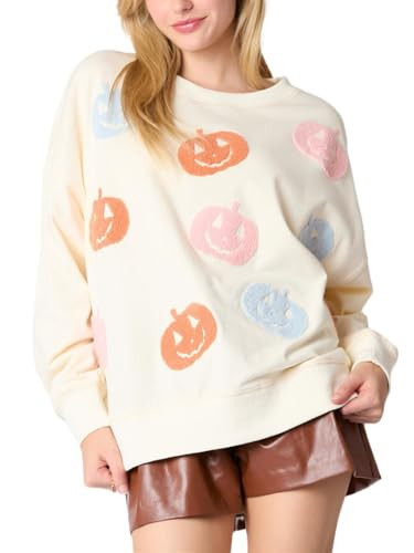 Asadovce Ghost Graphic Halloween Sweatshirt for Women Sequin Pumpkin Pattern Long Sleeve Shirts Oversized Tops(pumpkin Beige,M) | Amazon (US)