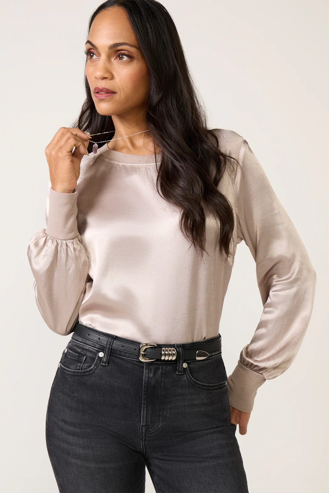 City Satin Long Sleeve Top | Evereve