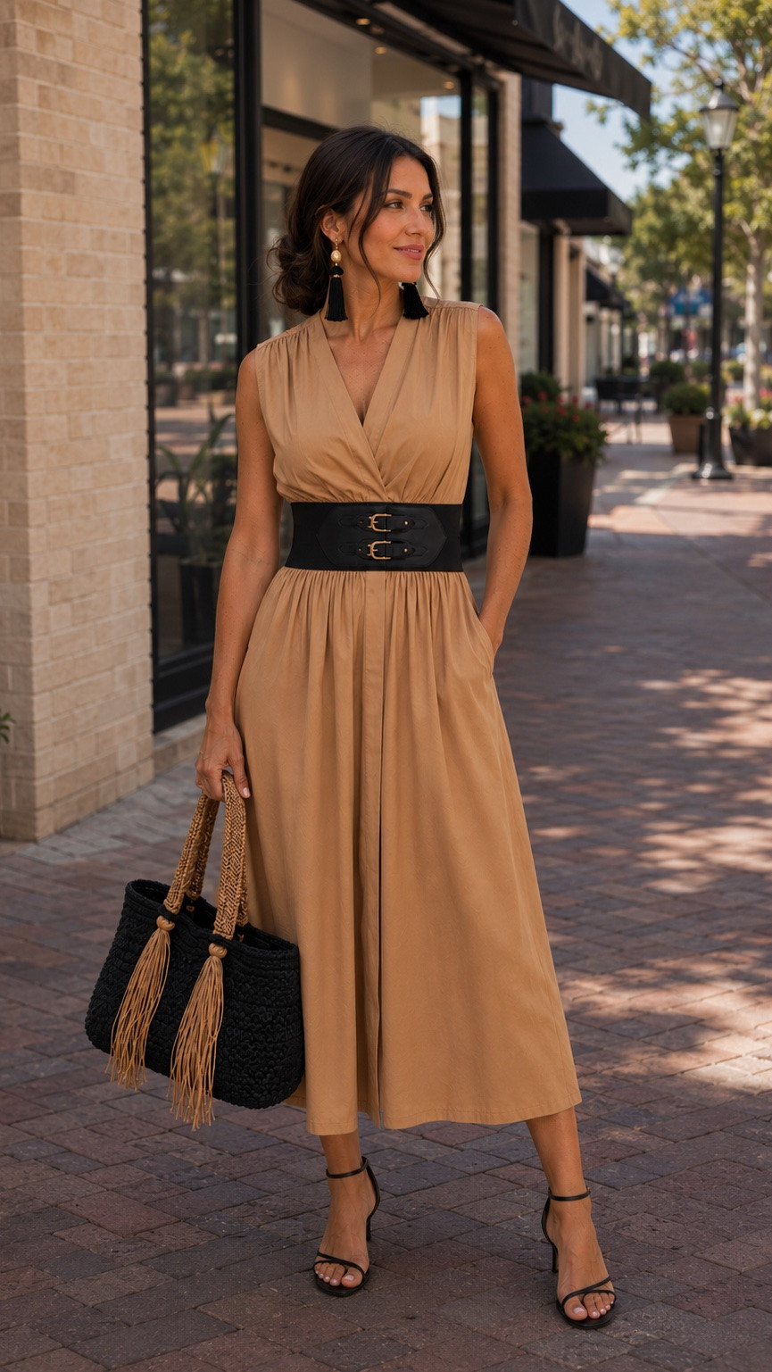 Neutral tones, bold black accents, and just the right touch of drama 🤎🖤 

This effortless midi dress (on sale) paired with tassel earrings, a woven statement tote, and sleek strappy heels is giving polished Mediterranean chic—perfect for brunch, shopping, dinner, or vacation evenings. 

Everything is linked in my LTK shop! ✨

#LTKStyleTip #LTKFashion #LTKFinds #LTKSeasonal #LTKOver40