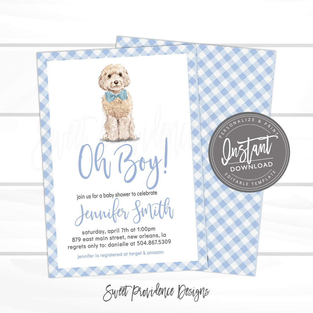 Dog Baby Shower Invitation, Oh Boy Invitation, Blue Boy Gingham Dog Invite, Cockapoo Invite, Pupp... | Etsy (US)