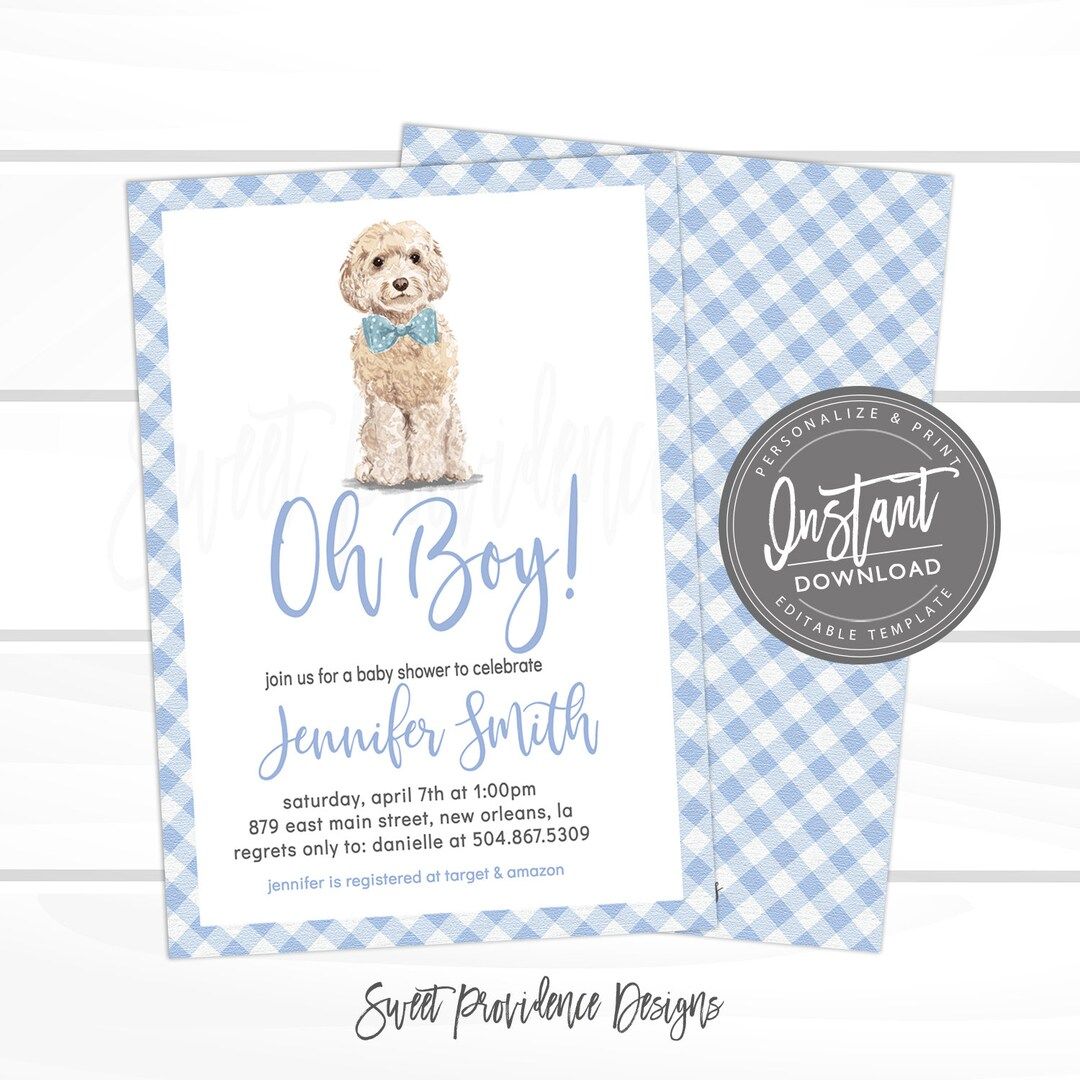 Dog Baby Shower Invitation, Oh Boy Invitation, Blue Boy Gingham Dog Invite, Cockapoo Invite, Pupp... | Etsy (US)