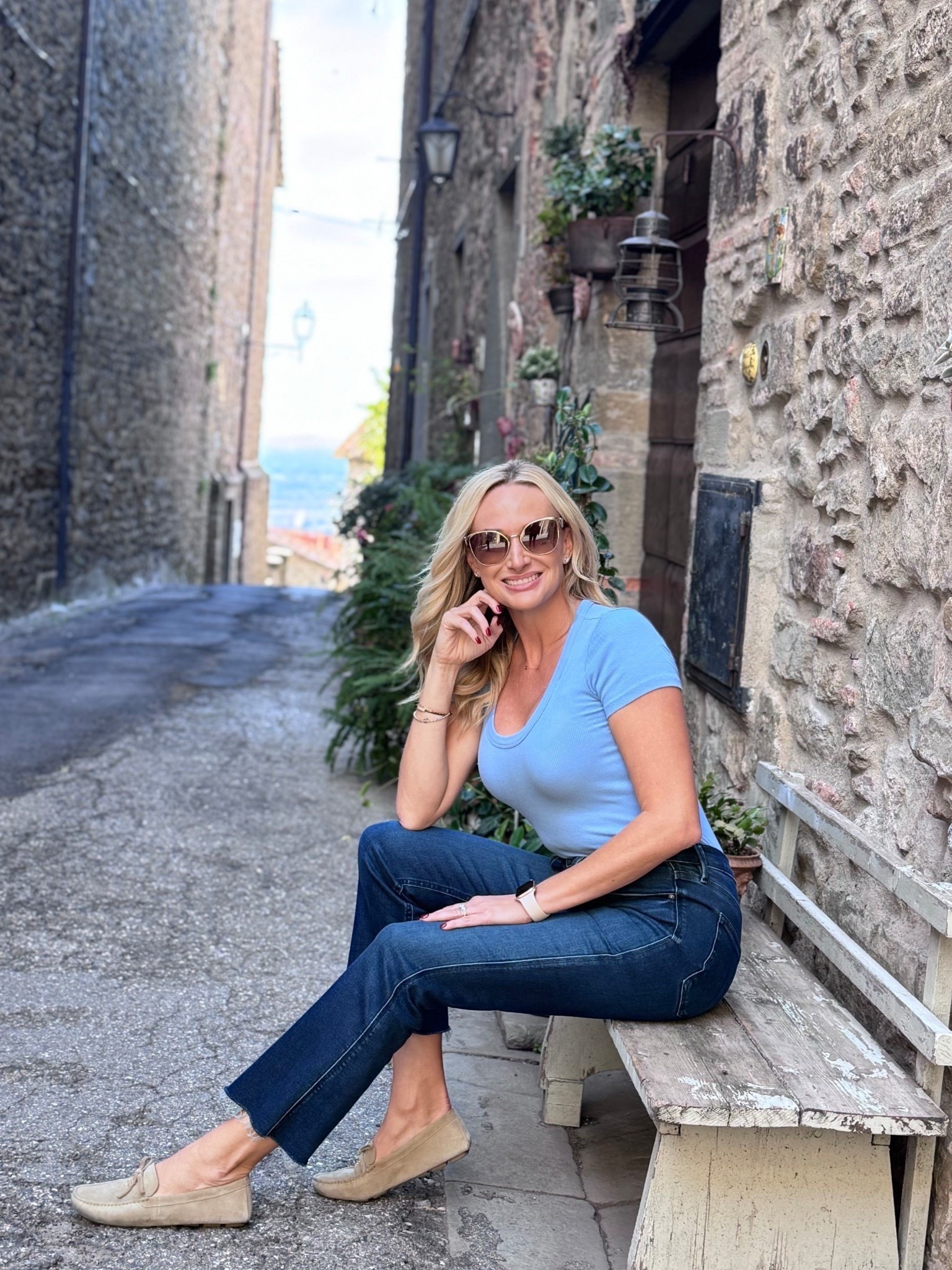 Effortless travel style ✨ A fitted tee, classic straight jeans, and suede loafers = my go-to formula for exploring cobblestone streets in comfort. Linking my exact jeans + similar loafers  

travel outfit, European street style, capsule wardrobe look, fall travel outfit, classic jeans outfit, casual chic style, neutral loafers, travel wardrobe staples, jeans outfit inspo, Italy travel outfit, sightseeing outfit 

#LTKOver40 #LTKTravel