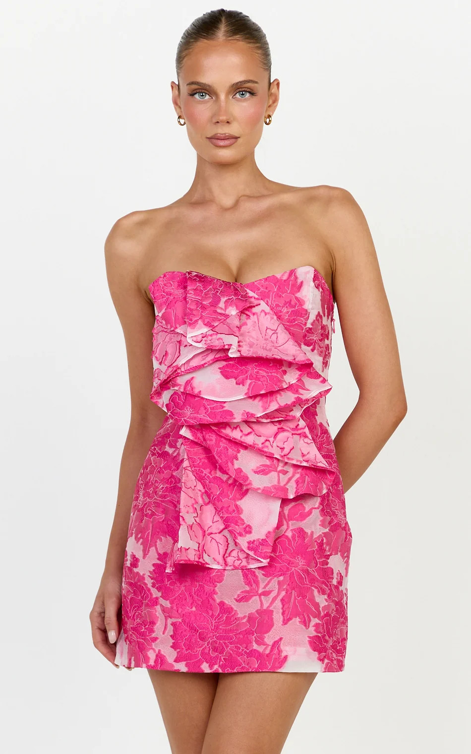 Amalie The Label - Frederika Strapless Ruffle Detail Jacquard Mini Dress | Showpo (US, UK & Europe)