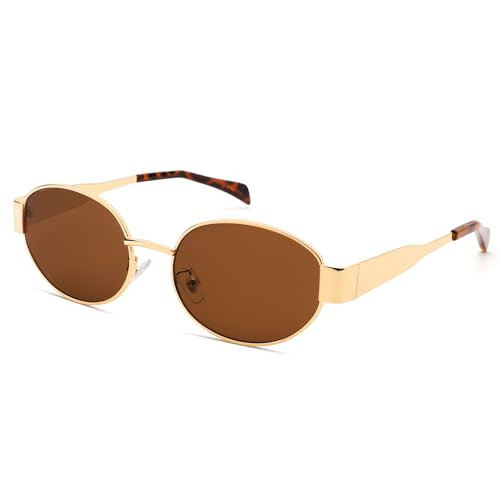 Retro Oval Sunglasses for Women Men - Trendy Gold Sun Glasses - Fashion Metal Frame Shades | Amazon (US)
