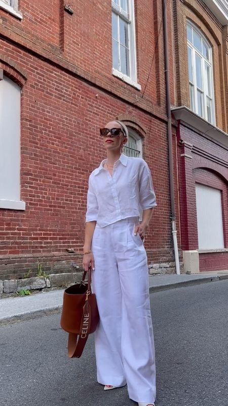 All white summer outfit, white linen cropped shirt, white linen pants, Celine bucket bag, minimal style 

#LTKunder100 #LTKstyletip #LTKitbag